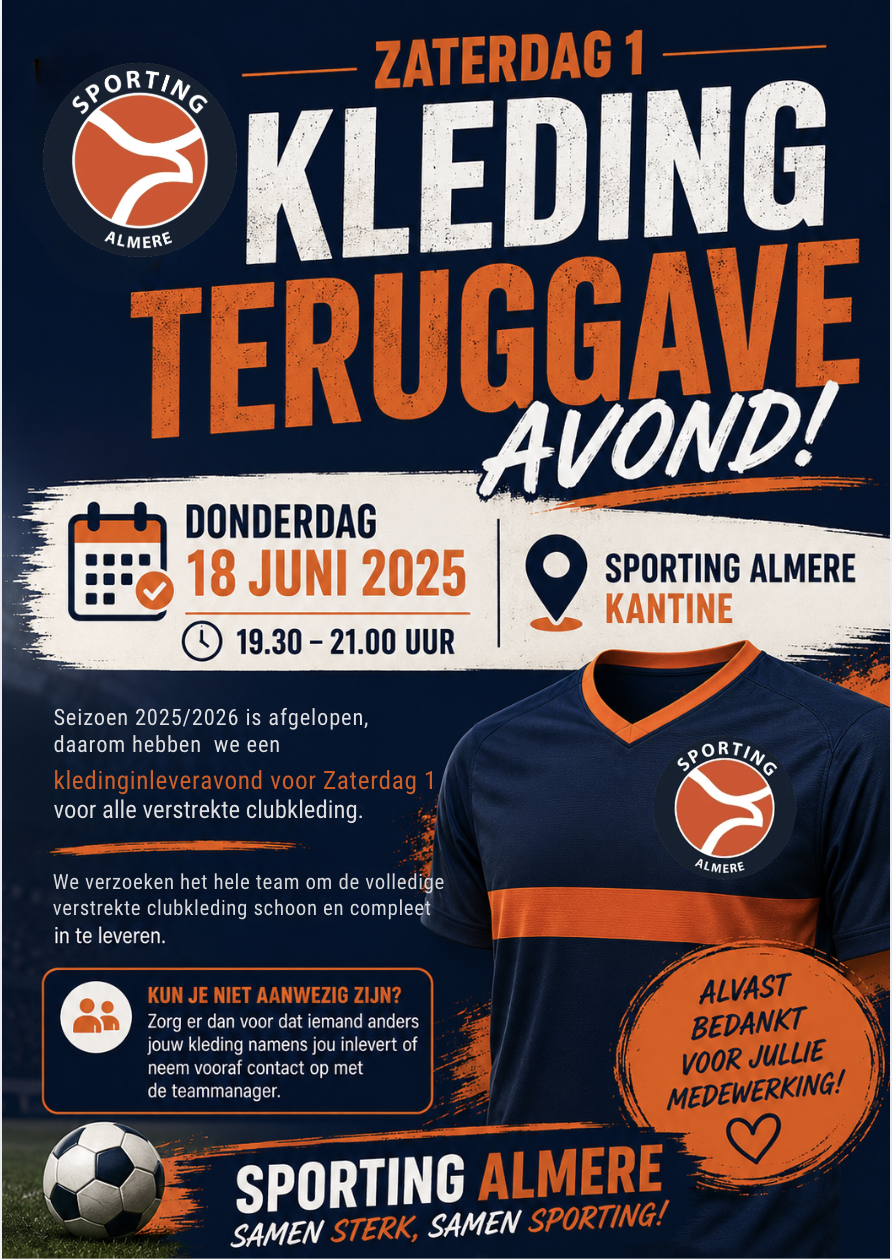 Kledinginleveravond voor zaterdag 1 team 2025/2026