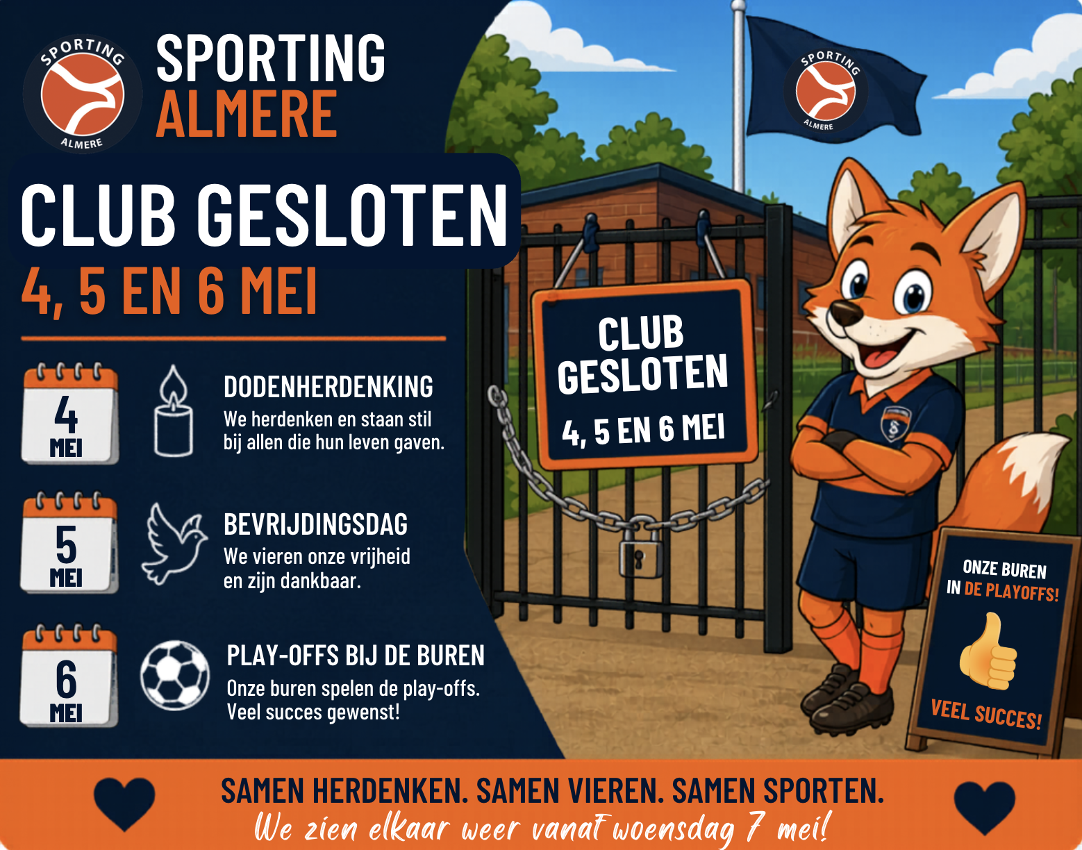 Club dicht op 4, 5 en 6 Mei